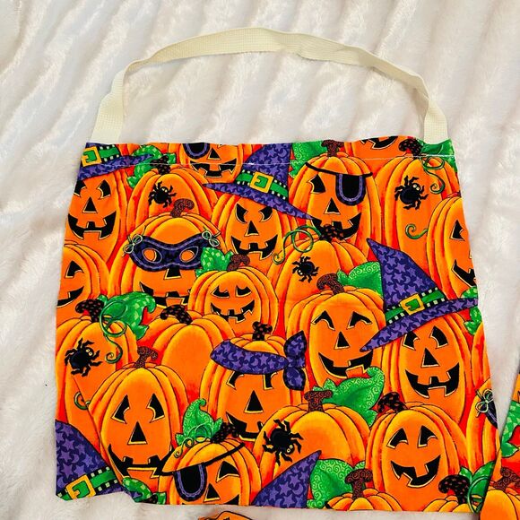 Handmade Halloween Candy Tote bags w/ties Jack O Lantern Pumpkins in Witch Hats - Picture 3 of 6